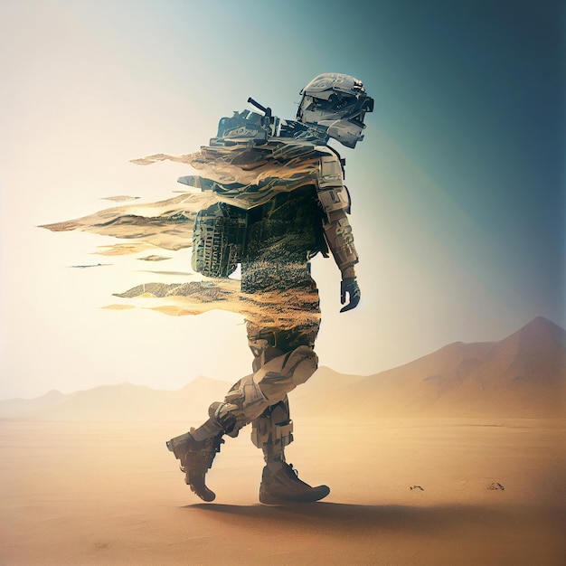 Silhueta de dupla exposição de soldados em cena de um conceito de jogo ou filme feito com IA generativa