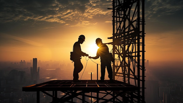 Silhueta de engenheiro e arquiteto apertando as mãos no canteiro de obras