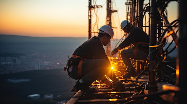 Foto silhueta de engenheiro e equipe de construção trabalhando no topo de um edifício ao pôr do sol