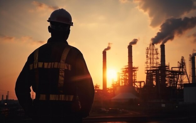 Silhueta de engenheiro em um canteiro de obras no conceito de hora dourada do pôr do sol