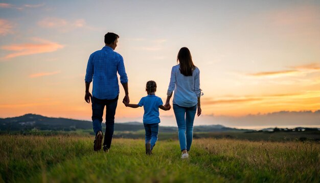 silhueta de família costas viradas passeando em um prado ao pôr do sol irradiando felicidade em cálido lowl