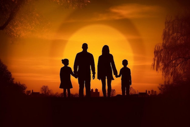 Silhueta de família de mãos dadas ao pôr do sol Generative Ai