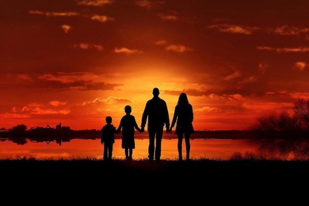 Silhueta de família de mãos dadas ao pôr do sol Generative Ai