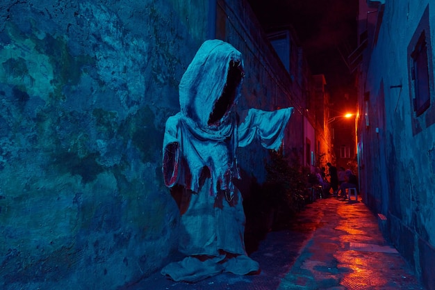 Silhueta de fantasma mítico assustador contra a parede com luzes duotônicas