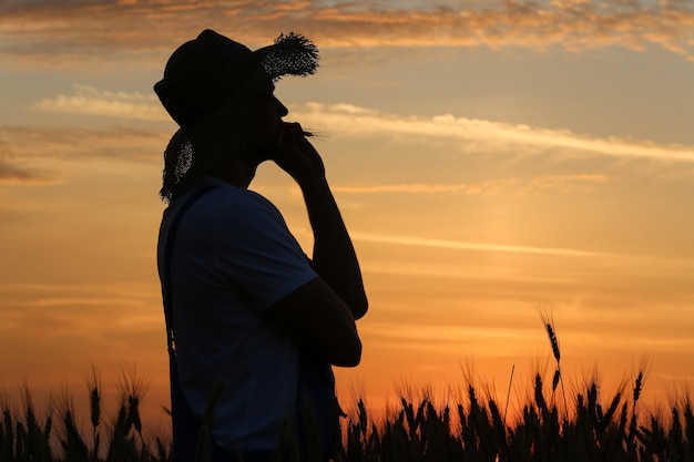 Silhueta de fazendeiro no campo de trigo ao pôr do sol