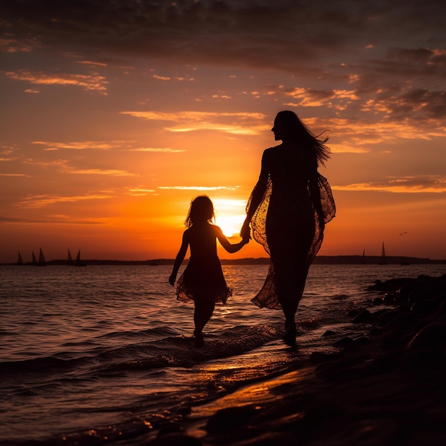 silhueta de foto de mãe com sua filha de pé e pôr do sol