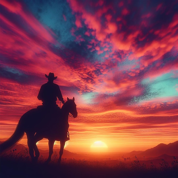 Silhueta de foto gratuita de um cowboy cavalgando para o pôr-do-sol c4d sonhador e otimista céu vibrante