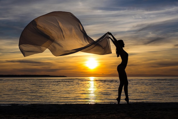 Silhueta de fundo de verão da garota sexy magro em biquíni posando com cachecol na praia