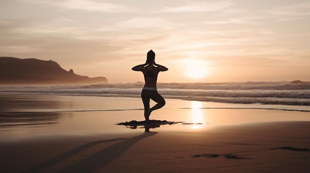 Silhueta de girafa na praia ao pôr do sol com as mãos na cabeça Generative AI