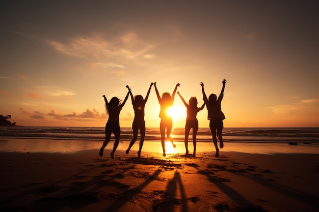 Silhueta de grupo de amigos pulando na praia ao pôr do sol