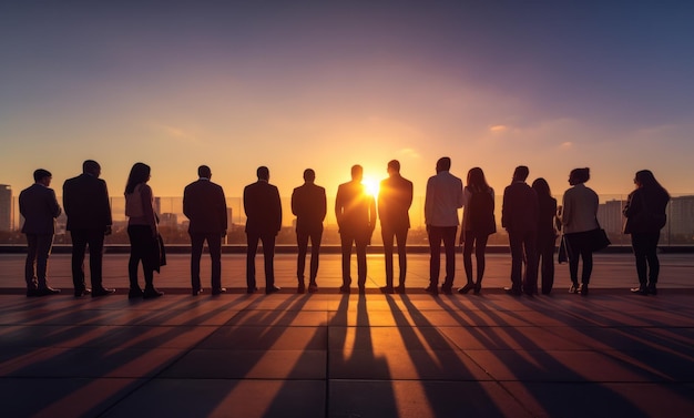 Silhueta de grupo de pessoas no pôr do sol