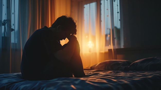 Silhueta de homem deprimido, tristemente sentado na cama no conceito de depressão do quarto