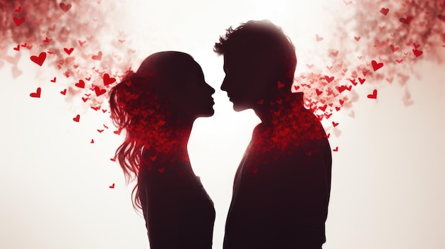 Silhueta de homem e mulher de frente um para o outro com corações vermelhos flutuando ao redor