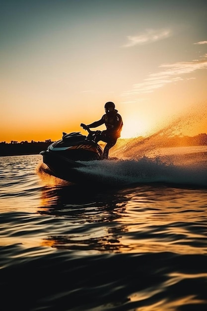 Foto silhueta de homem forte salta no jetski acima da água ao pôr do sol