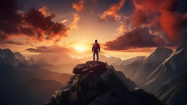 silhueta de homem no pico de uma montanha ao pôr do sol