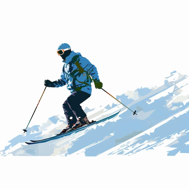 Silhueta de homem plano azul esquiando em fundo branco
