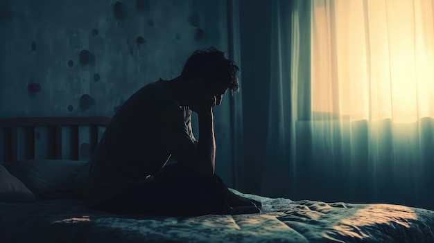Silhueta de homem solitário sentado na cama, sentindo-se deprimido e estressado no quarto escuro Conceito de transtorno de depressão e ansiedade