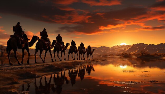 Foto silhueta de homens caminhando na natureza ao pôr-do-sol refletindo sobre a água gerada pela ia