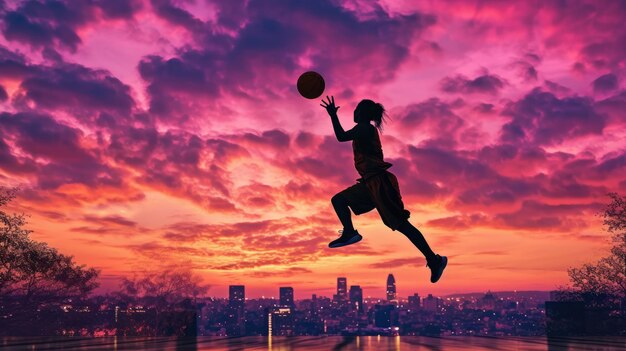 Silhueta De Pessoas Jogando Basquete Durante O Pôr Do Sol · Foto