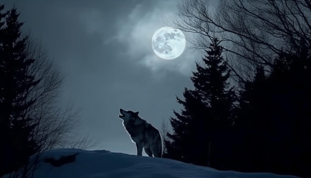 Silhueta de lobo uivando na lua da meia-noite gerada por IA