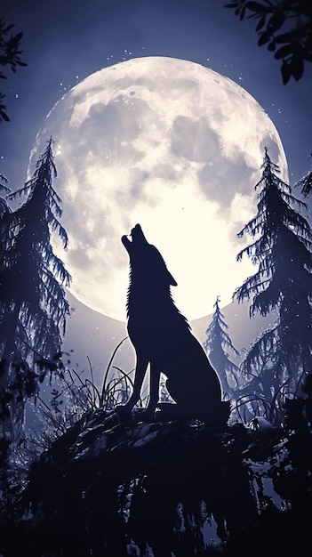 Silhueta de lobo uivando para a lua na floresta Papel de parede móvel vertical
