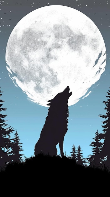 Silhueta de lobo uivando para a lua na floresta Papel de parede móvel vertical