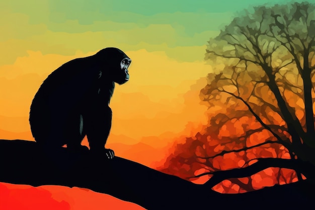 Silhueta de macaco ao pôr do sol animal na natureza selvagem generative ai