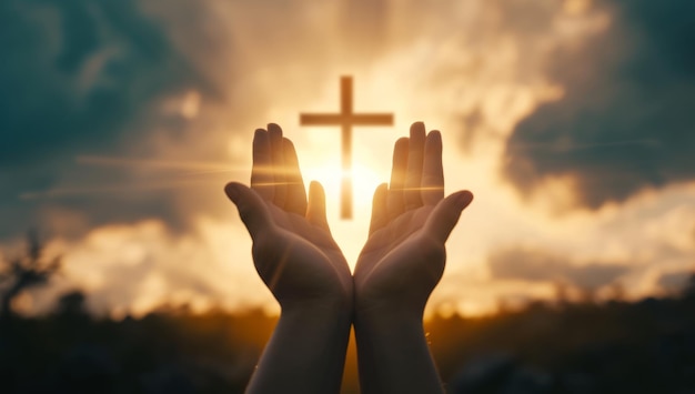 Silhueta de mãos apresentando a cruz cristã contra o pôr do sol.