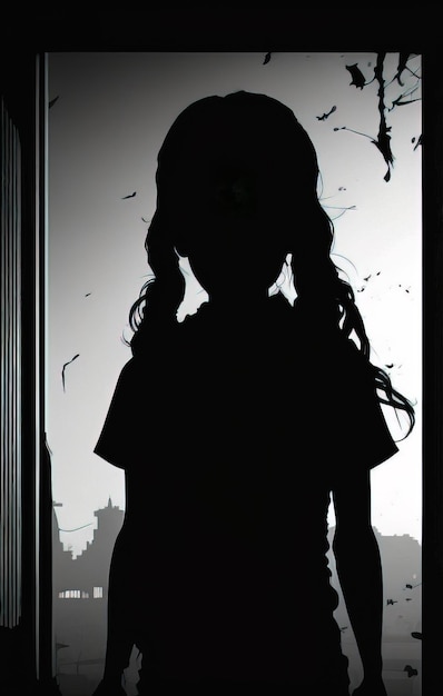 Silhueta de menina em pé com um grande monstro assustador na frente de seu horror e aterrorizar