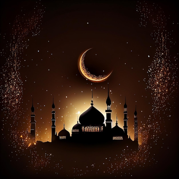 Silhueta de mesquita de brilho de luz em fundo preto Ilustração Generative AI
