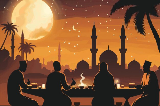 Silhueta de muçulmanos compartilhando uma refeição ao anoitecer com um cenário urbano durante o Ramadã