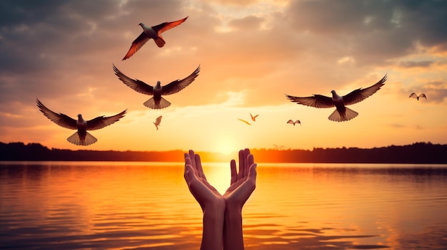 Foto silhueta de mulher com as mãos levantadas no pôr-do-sol e pombos voadores