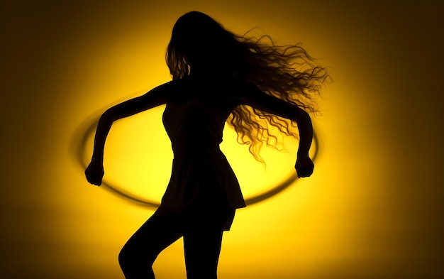 Silhueta de mulher dançando no escuro com um conceito de fundo de dança de luz de aro