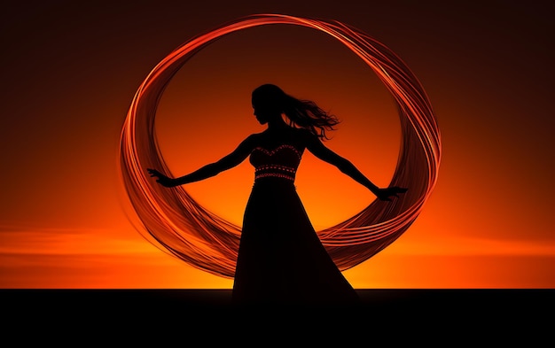 Silhueta de mulher dançando no escuro com um conceito de fundo de dança de luz de aro
