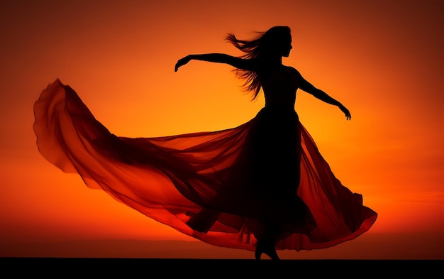 Foto silhueta de mulher dançando no escuro com um conceito de fundo de dança de luz de aro