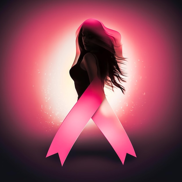 Foto silhueta de mulher e conscientização de fita rosa sobre ia geradora de câncer de mama