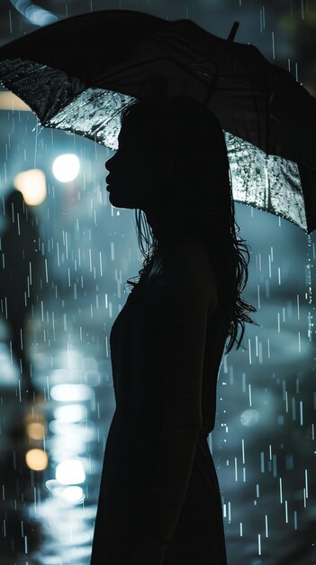 Foto silhueta de mulher elegante com guarda-chuva de pé sob a chuva à noite