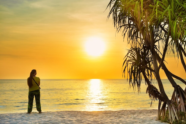 Silhueta de mulher em pé na praia tropical com palmeira ao pôr do sol