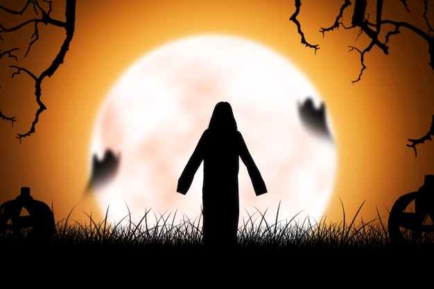 Silhueta de mulher fantasma assustador em pé com fundo de cena noturna. Conceito de halloween