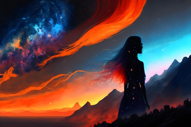 Silhueta de mulher mística abstrata contra o céu épico da noite de conto de fadas em tons de azul e laranja Arte gerada pela rede neural