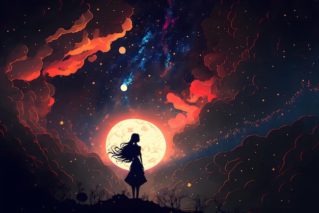 Silhueta de mulher mística abstrata contra o céu épico da noite de conto de fadas em tons de azul e laranja Arte gerada pela rede neural