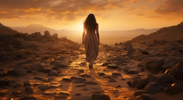 silhueta de mulher no deserto caminhando ao pôr-do-sol