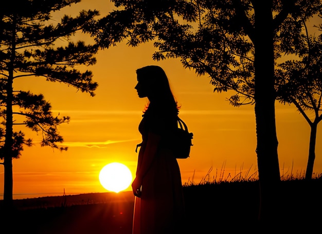 Silhueta de mulher observando o sol no pôr do sol