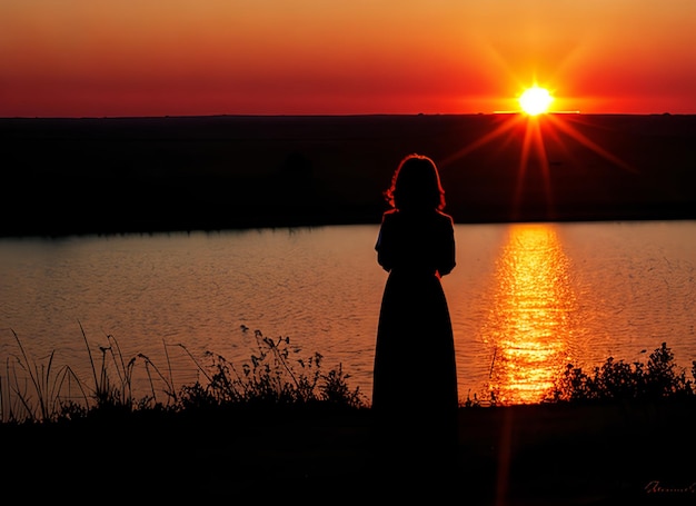 Silhueta de mulher observando o sol no pôr do sol