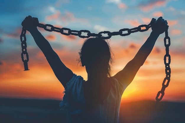 Foto silhueta de mulher se libertando segurando cadeias quebradas no pôr do sol conceito de força de liberdade e superação de desafios