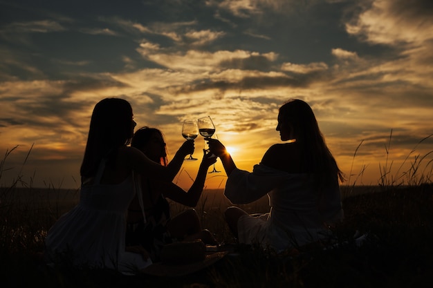 Silhueta de mulheres jovens brindando uma taça de vinho e celebrando a boa vida.