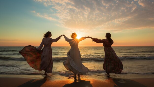 Silhueta de mulheres se divertindo na praia do mar