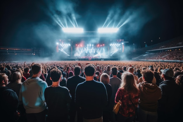 silhueta de multidão de concerto em frente às luzes brilhantes do palco fundo escuro fumaça holofotes de concerto boate