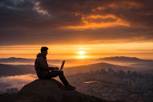 Foto silhueta de nômade digital sentado no topo de uma colina trabalhando com seu laptop sobre a cidade ao anoitecer