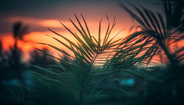 Silhueta de palmeira contra o paraíso tropical vibrante do céu do pôr do sol gerado pela inteligência artificial